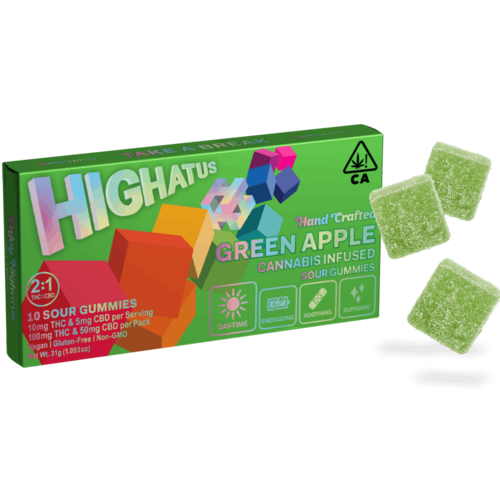 Highatus | Green Apple 2:1 THC:CBD Sour Gummies | 100mg | 10ct | 10mg/ea